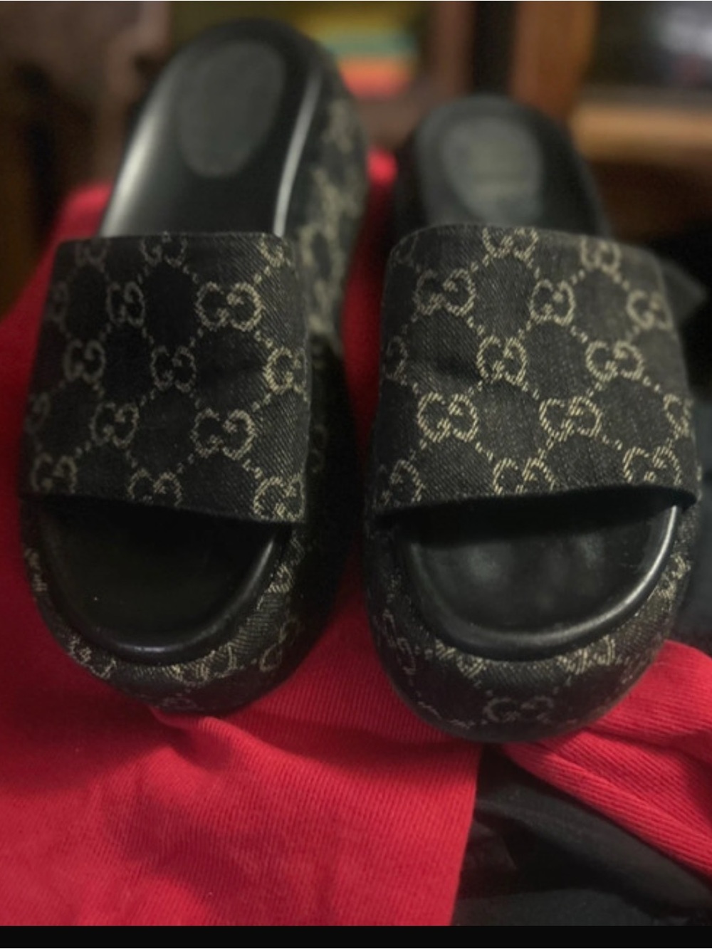 Gucci Black Monogram Platform Slide Clogs